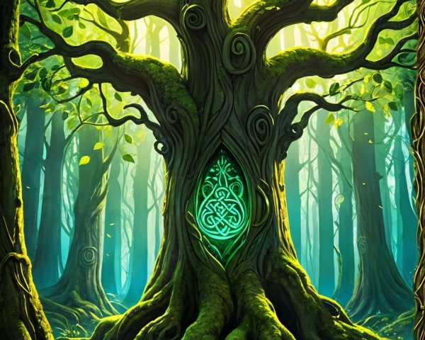 Ancient Tree in Vibrant Forest with Mystical Glow