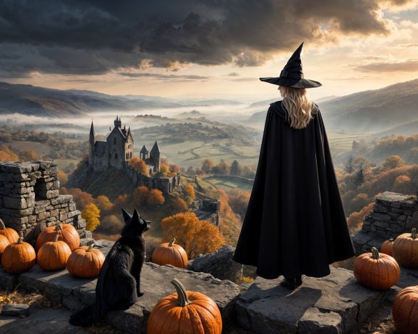 Witch on Stone Wall Overlooking Castle and Hills