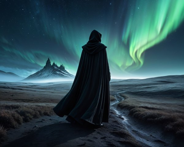 Cloaked Figure Against Aurora and Mountain Landscape
