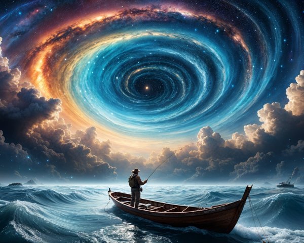 Fisherman in Boat Under Cosmic Vortex and Turbulent Waters