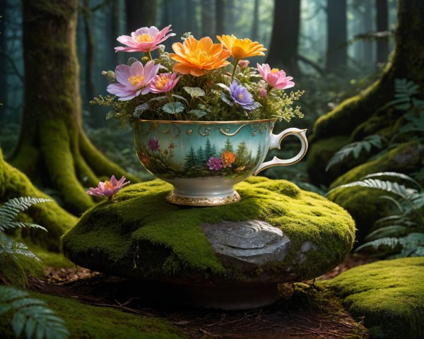 Ornate teacup with flowers in a forest setting