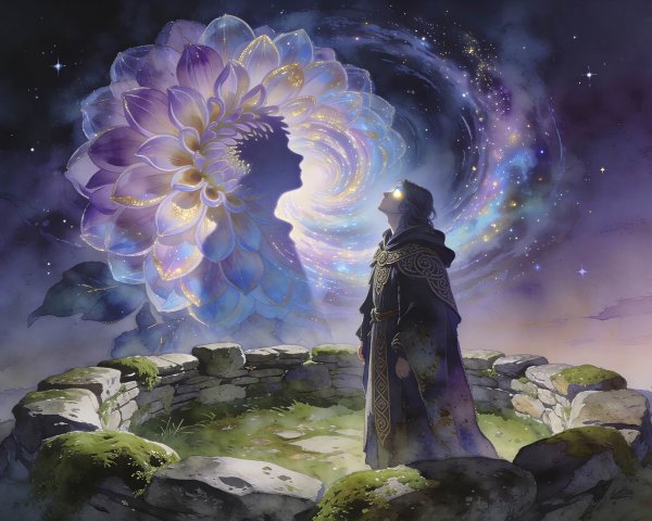 Watercolor Painting of Wizard and Glowing Dahlia