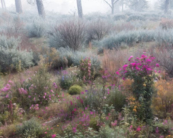 Serene Misty Landscape with Vibrant Wildflowers