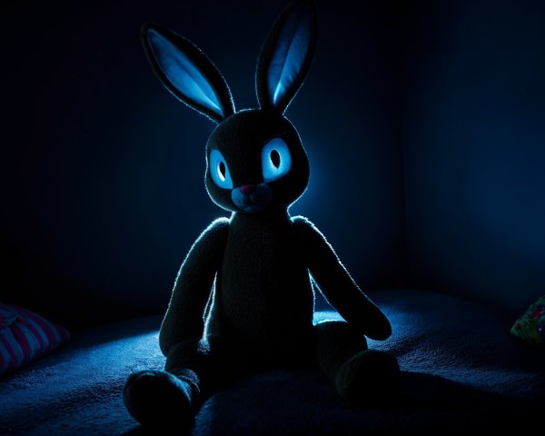 Plush Bunny in Dim Room with Soft Blue Light