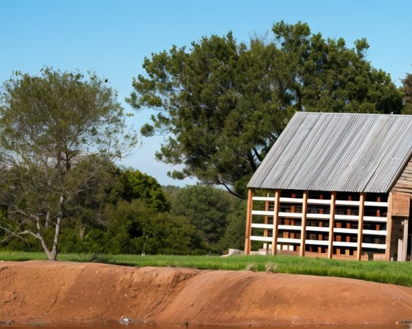 Quaint Wooden Shed by Calm Water in Serene Landscape