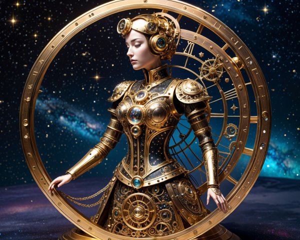 Steampunk-Inspired Figure Against Cosmic Backdrop