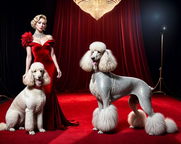 Glamorous Woman in Red Gown with Stylish Poodles