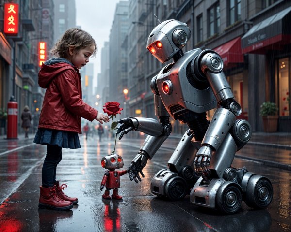 Urban Rain Scene with Girl, Robots, and Neon Lights