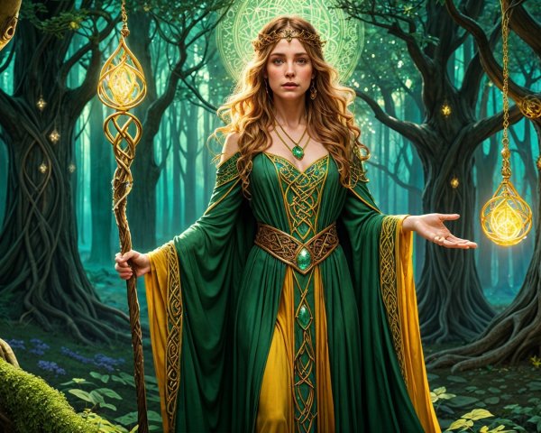Sorceress in Mystical Forest with Glowing Staff