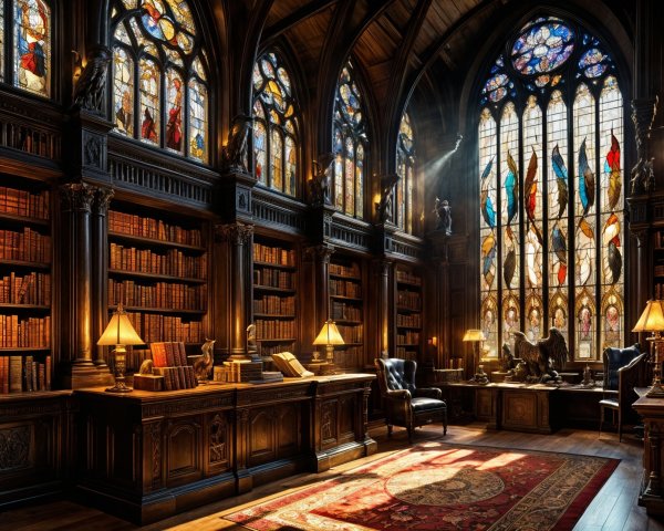 Historic library with stained glass and antique books