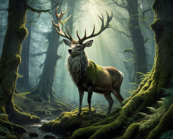 Majestic stag in a lush, misty forest setting