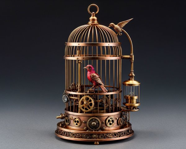 Steampunk Birdcage with Mechanical Bird and Gears