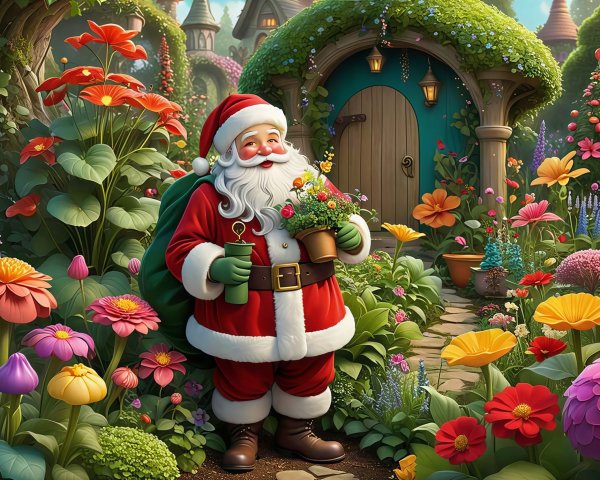 Santa Claus in a Whimsical Garden with Colorful Flowers