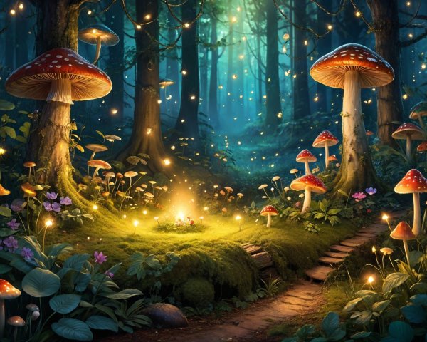 Mystical forest with vibrant mushrooms and fireflies