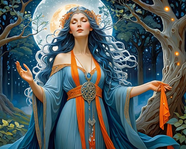 Serene figure in a mystical forest under moonlight
