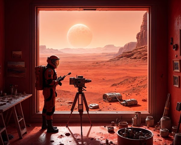 Astronaut in Room with Martian View and Artistic Clutter