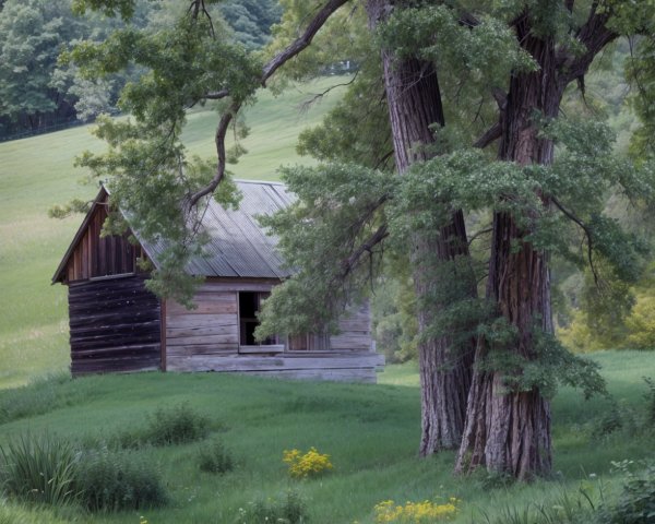 Weathered Wooden Cabin in Lush Green Landscape