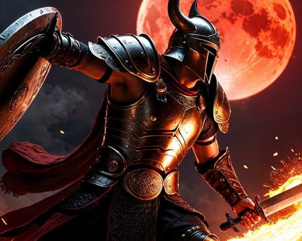 Warrior in Armor with Sword and Shield Under Moonlight