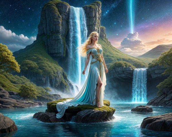 Majestic female figure in serene waterfall landscape