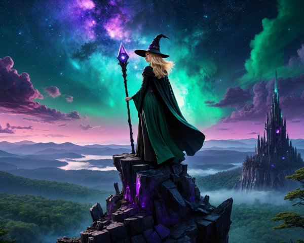 Mysterious Sorceress on Cliff with Glowing Staff