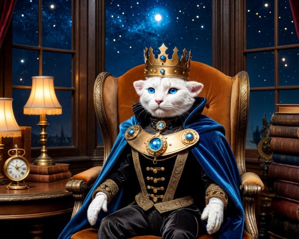 White Cat in Royal Cape on Throne with Starry Background