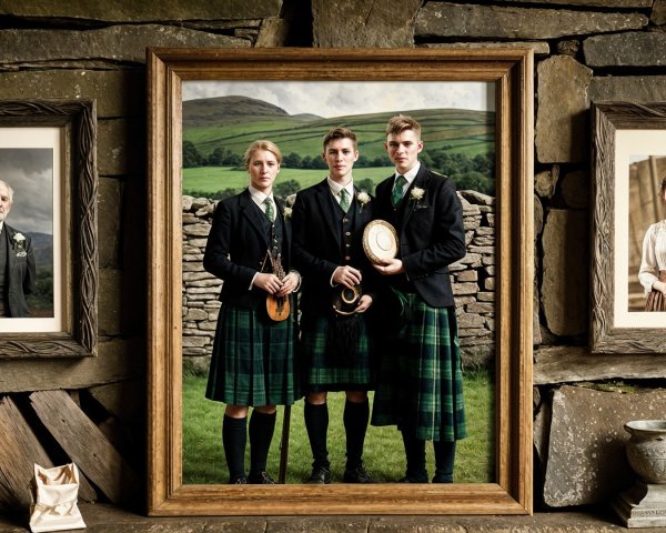 Portrait of Young Men in Kilts with Trophy and Scenic View