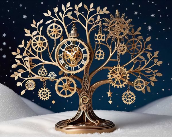 Golden Steampunk Clockwork Tree in Snowy Setting