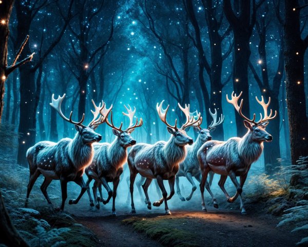 Mystical forest with ethereal reindeer under moonlight