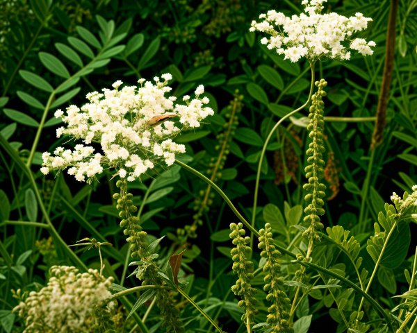 Delicate White Flowers on Green Stems in Lush Foliage