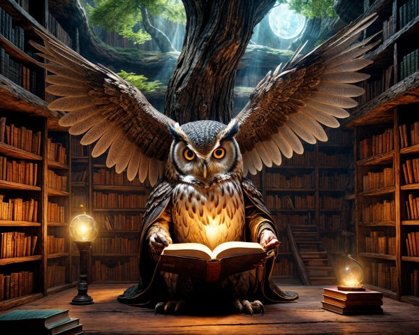 Owl Reading Ancient Book in Mystical Library Setting