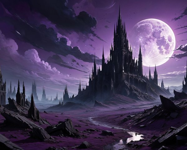 Haunting Landscape with Dark Castle and Full Moon