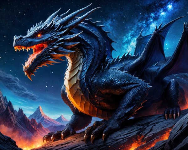 Majestic dragon on rocky ledge under starry sky