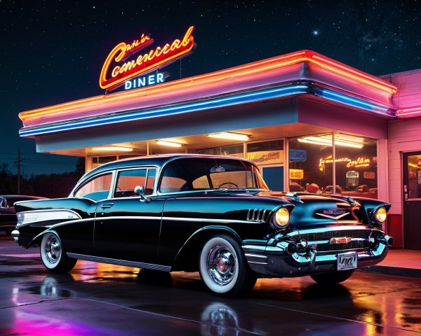 1957 Chevrolet at Retro Diner with Neon Lights