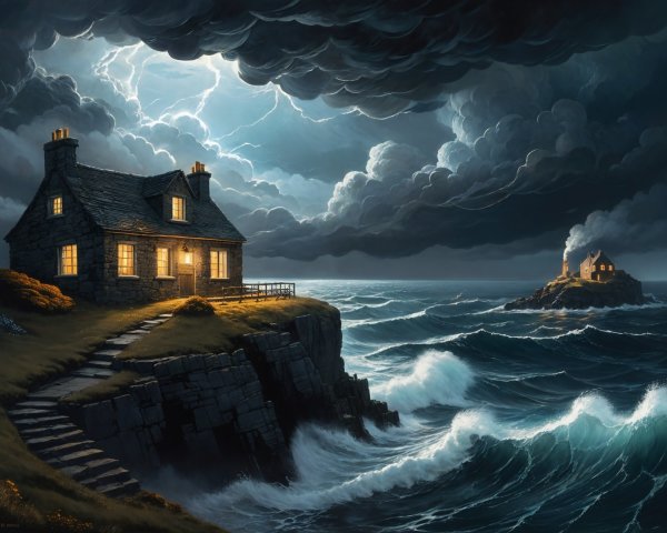 Stone Cottage on Cliff with Stormy Sea Background