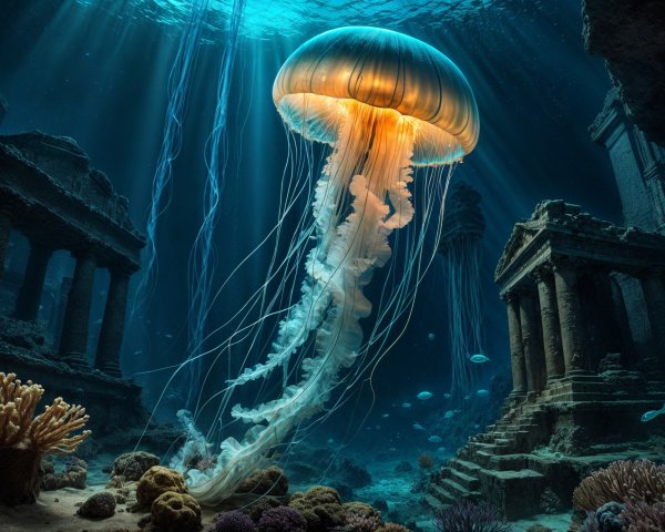 Underwater Scene with Jellyfish and Ancient Ruins