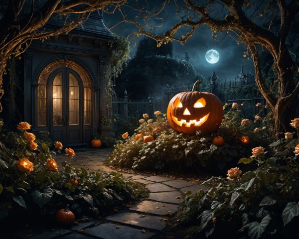 Halloween Scene with Jack-o'-lanterns and Moonlight