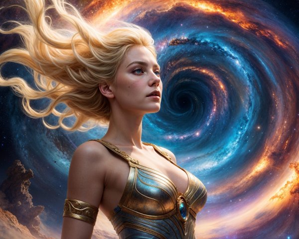 Young woman in golden outfit against cosmic backdrop