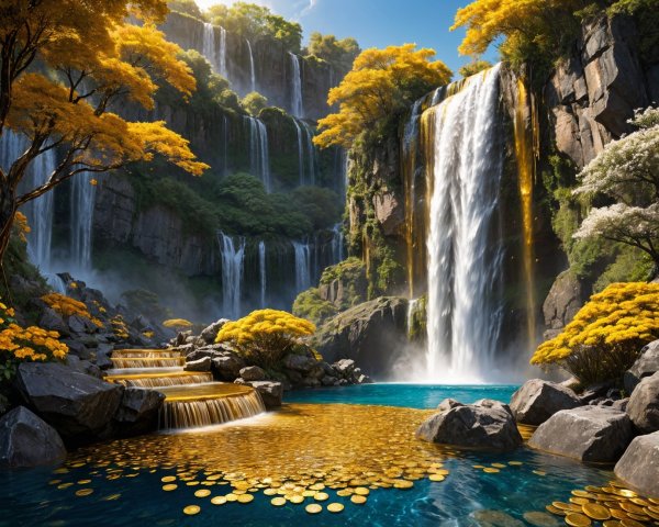 Cascading Waterfalls Amidst Autumn Foliage and Coins