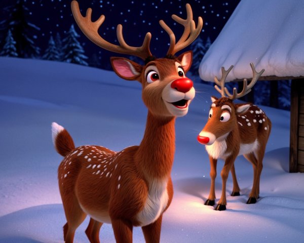 Cheerful Cartoon Reindeer in Snowy Holiday Scene