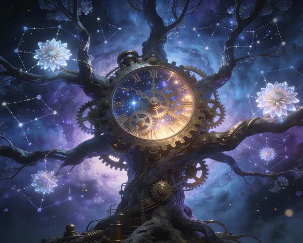 Mystical tree with cosmic nebula and ornate clock face