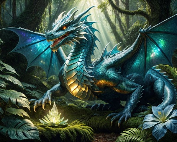 Blue Dragon in Enchanted Forest with Lotus Flower