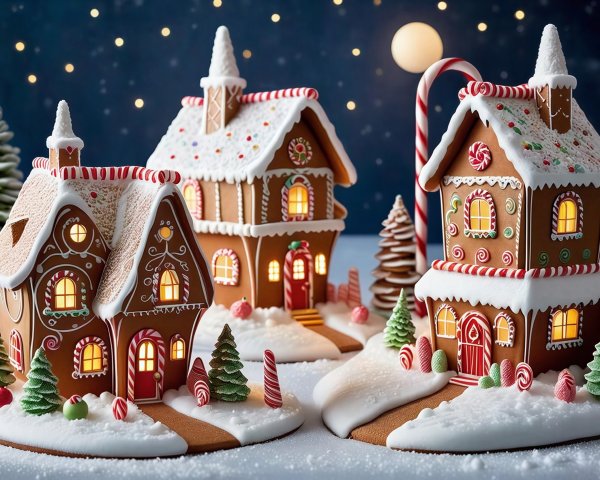 Gingerbread Village with Decorated Houses and Moonlit Sky