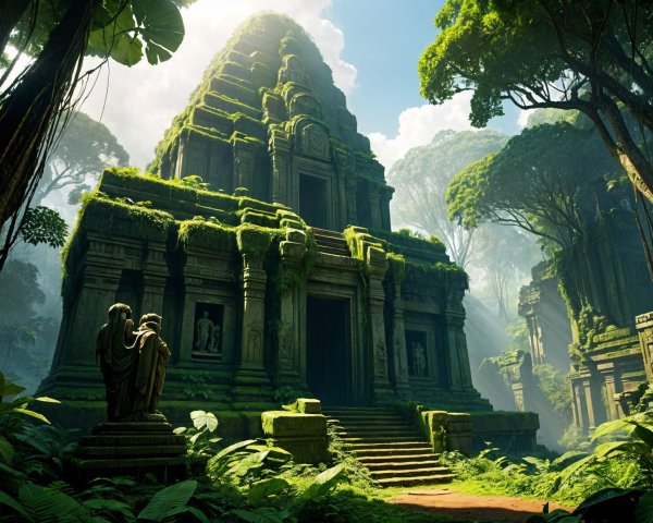 Ancient temple ruins in lush jungle with carvings