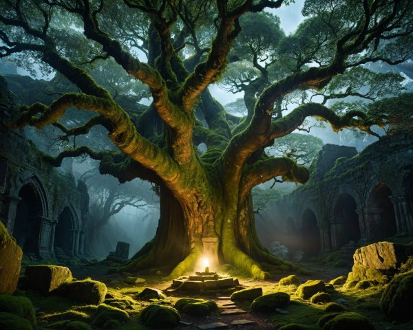Ancient Tree and Mystical Ruins with Ethereal Glow