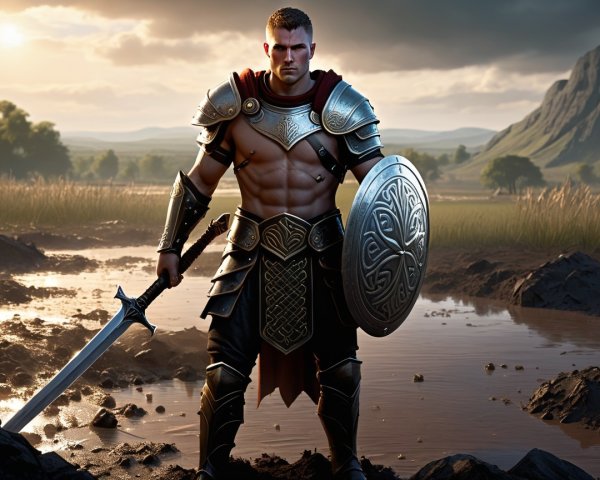 Muscular Warrior in Celtic Armor in Rugged Landscape