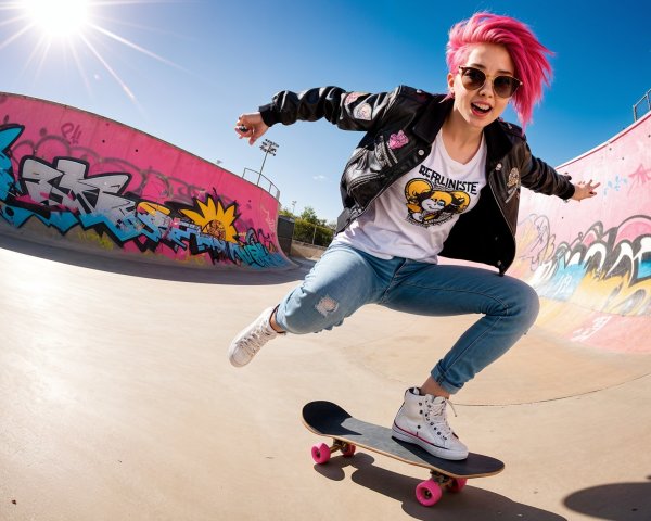 Young Woman with Pink Hair Skateboarding in Colorful Park