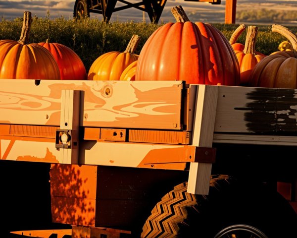 Assortment of Pumpkins on Rustic Wooden Trailer