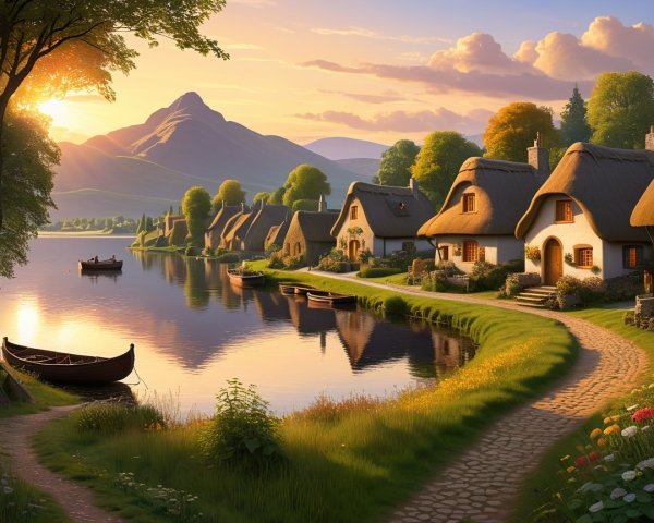 Picturesque Village at Sunset with Thatched Cottages