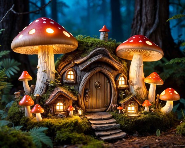 Whimsical Mushroom House Surrounded by Forest Elements