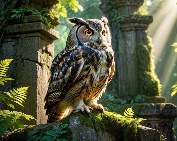 Majestic owl on moss-covered stone in ancient ruins